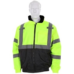 MCR Safety VBBQCL3LM Bomber Jacket, Two Tone Value, Men's, Medium, Fluorescent Lime, Polyester/Polyurethane, ANSI/ISEA 107 2020 Type R, Class 3 compliant Specifications Met, Yes High-Visibility, Drawstring Hood Style, 49 in Chest